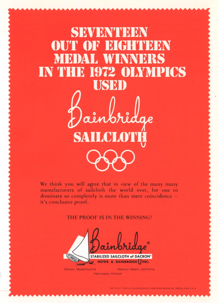 Seventeen out of eighteen medal winners in the 1972 Olympics used Bainbridge Sailcloth