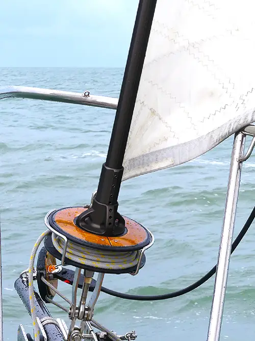 A close up of the sail on a boat